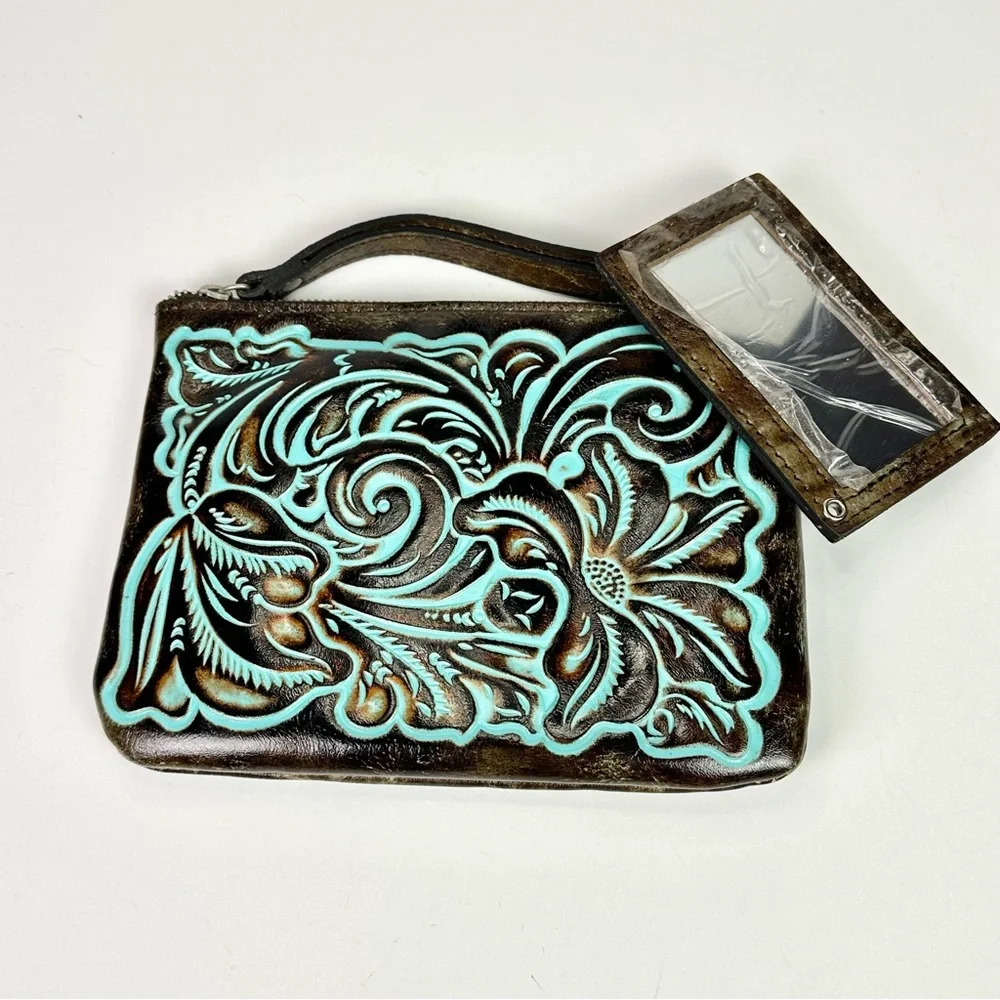 Patricia Nash Clutch / Wristlet Italian Leather Tooled Turquoise NWT